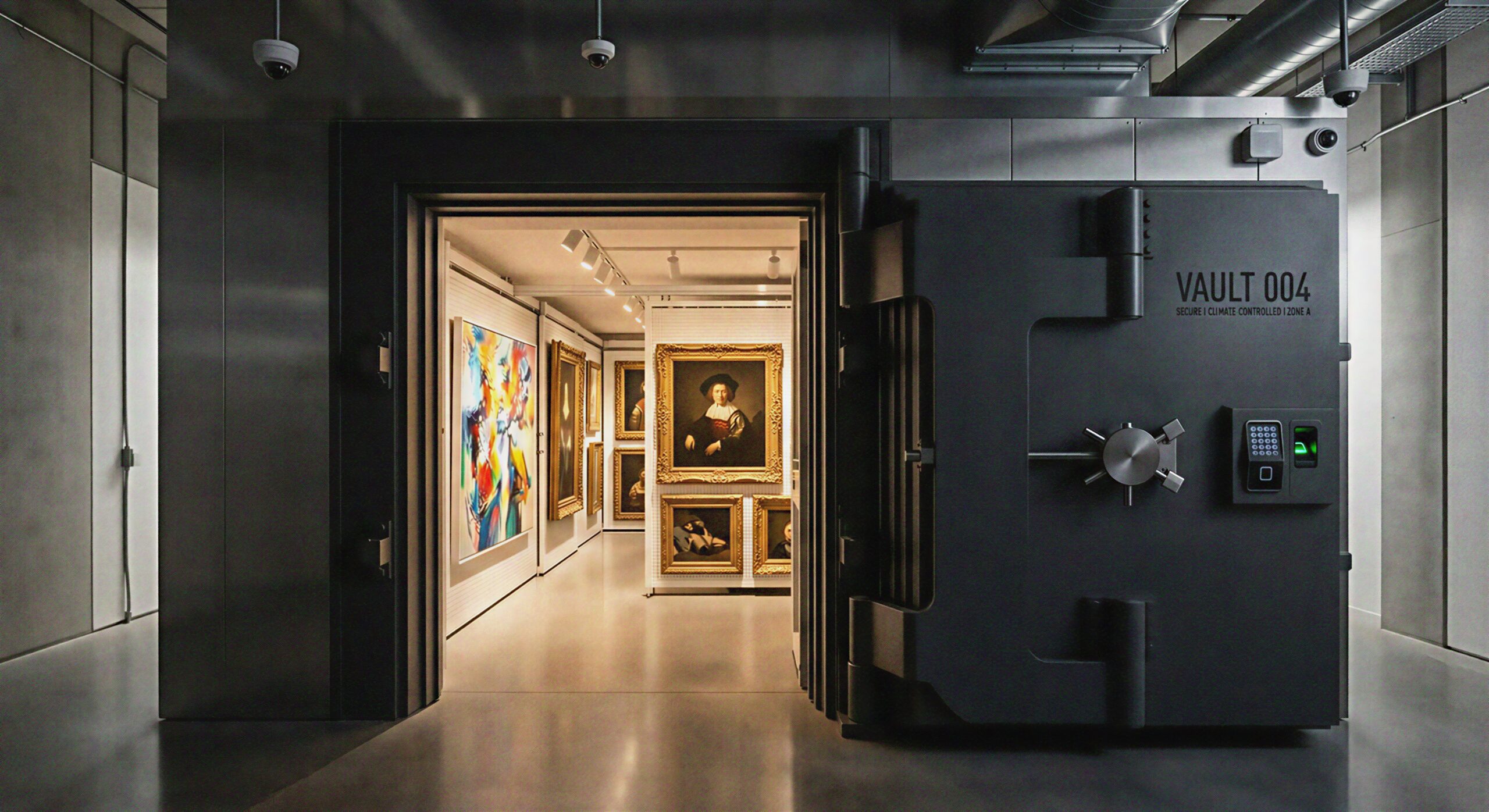 Climate-controlled fine art storage freeport vault for securing rare art collectibles.