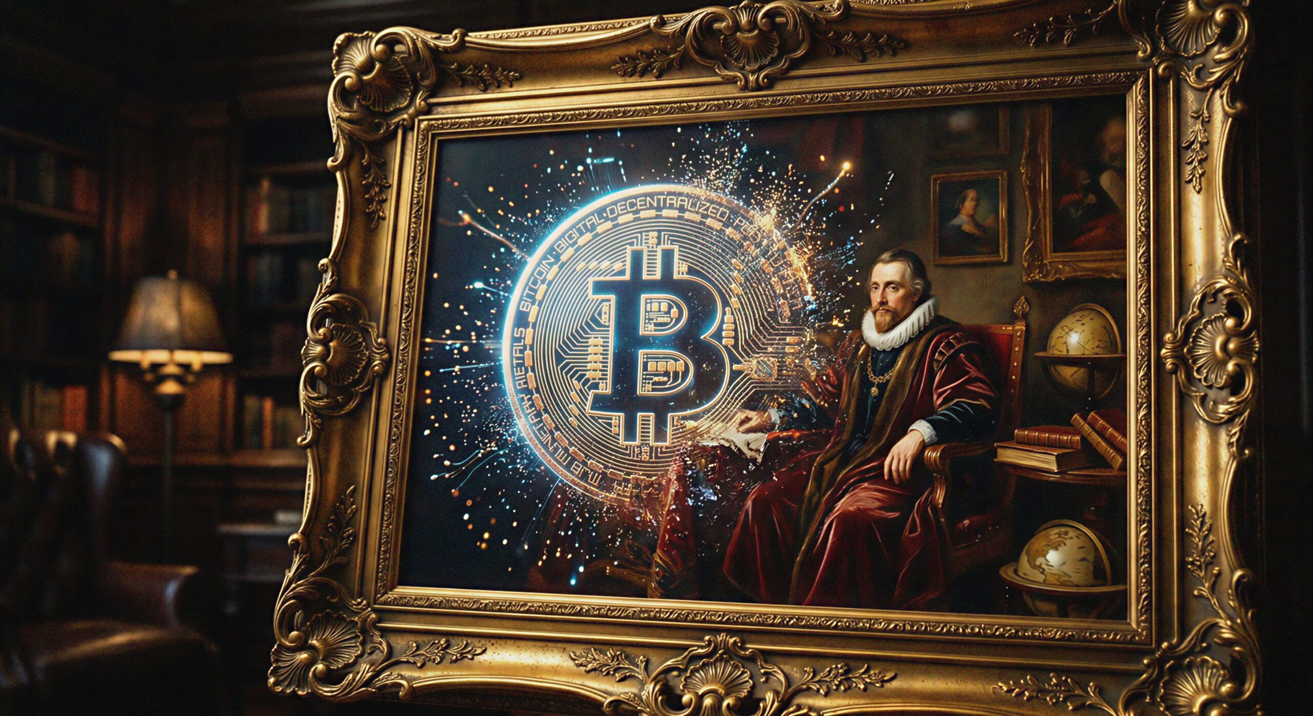 Crypto wealth preservation: Bitcoin transforming into a rare art collectible physical painting.