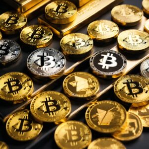 A collection of physical gold and silver coins mixed with Bitcoin tokens, illustrating the Gold vs Crypto investment comparison.