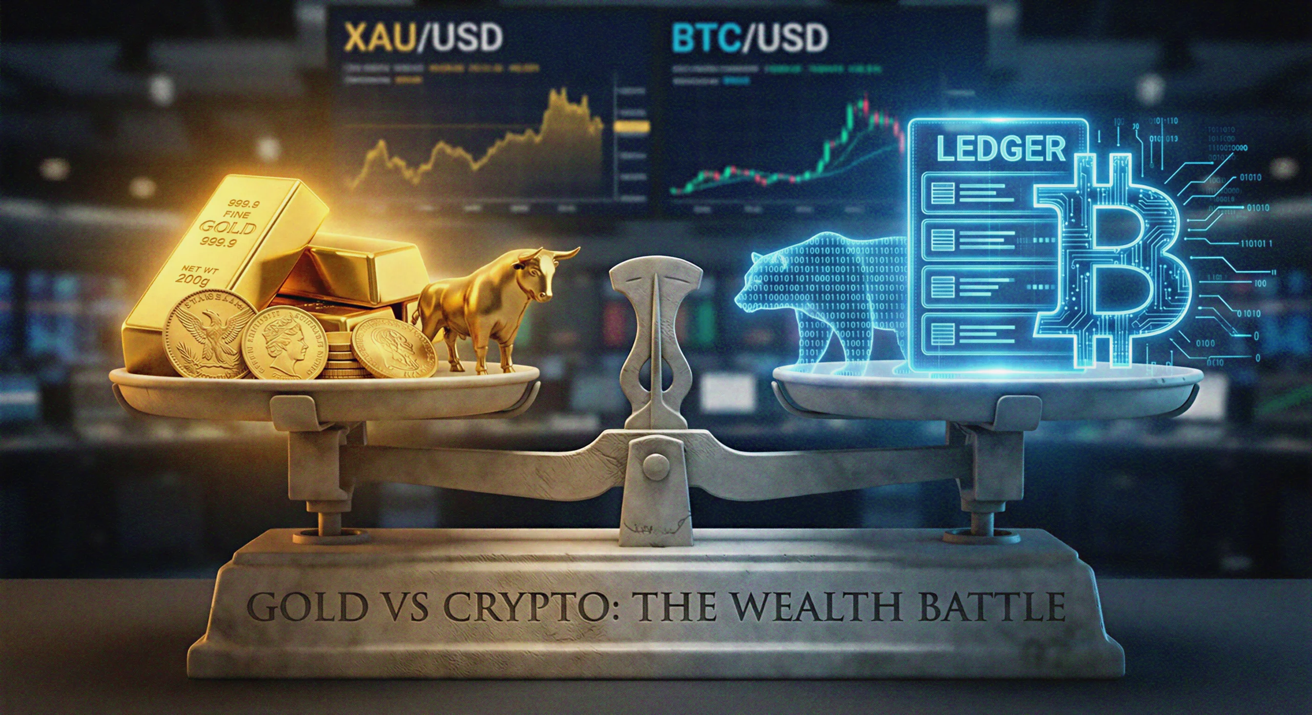A balance scale weighing physical gold bars and a golden bull against a digital Bitcoin hologram, illustrating the Gold vs Crypto investment comparison.