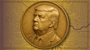 A golden coin with Donald Trump's profile, representing the Strategic Bitcoin Reserve and the Digital Deal policy in 2026.