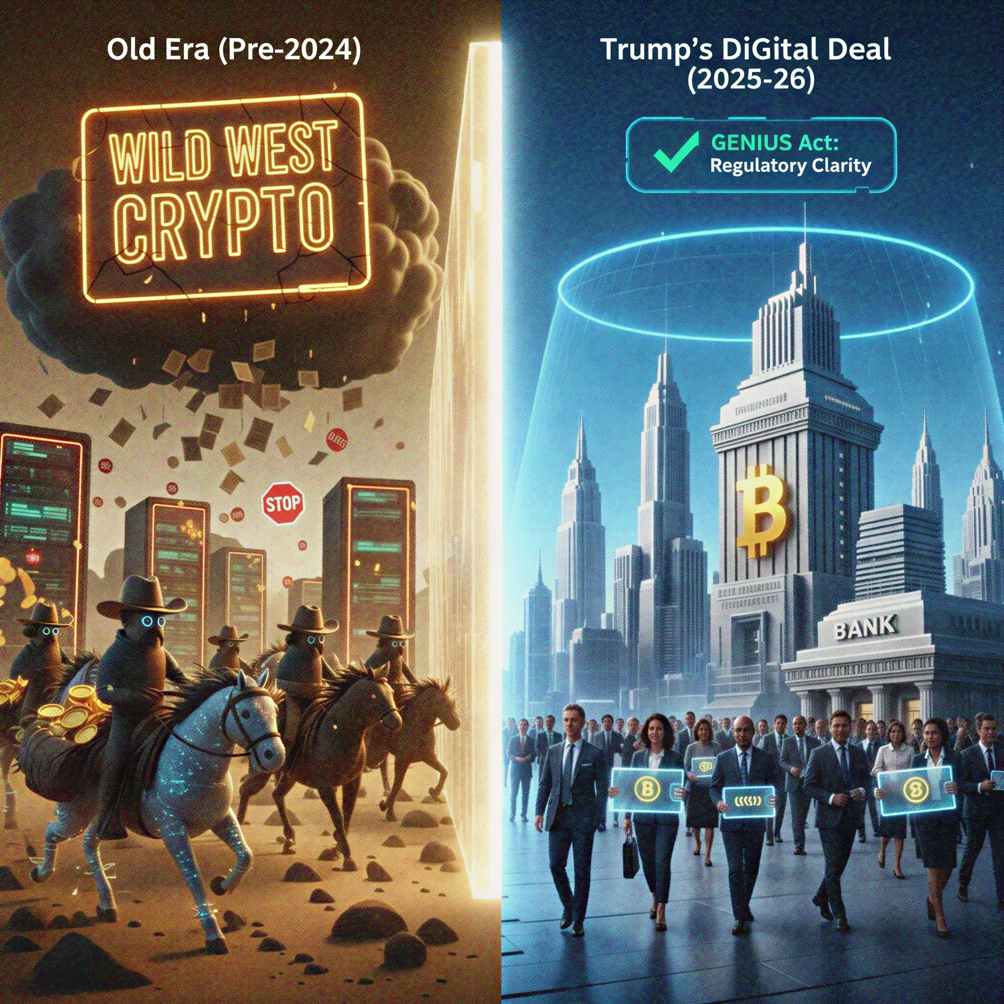 A split-screen illustration comparing the "Wild West" era of unregulated cryptocurrency with the new era of regulatory clarity and institutional banking under the Trump crypto strategy.
