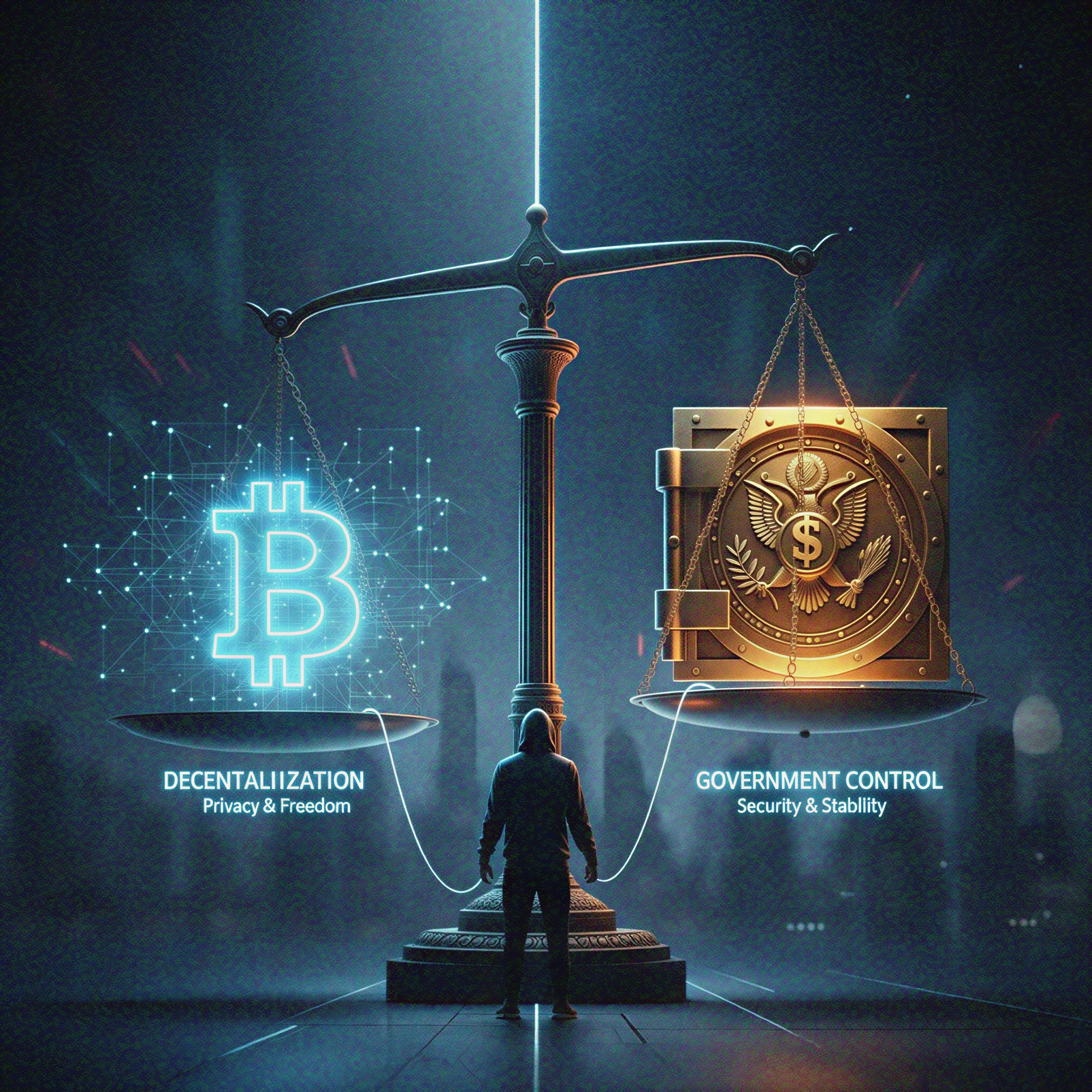 A digital scale balancing a glowing Bitcoin symbol representing decentralization and privacy against a heavy gold vault representing government control and security.