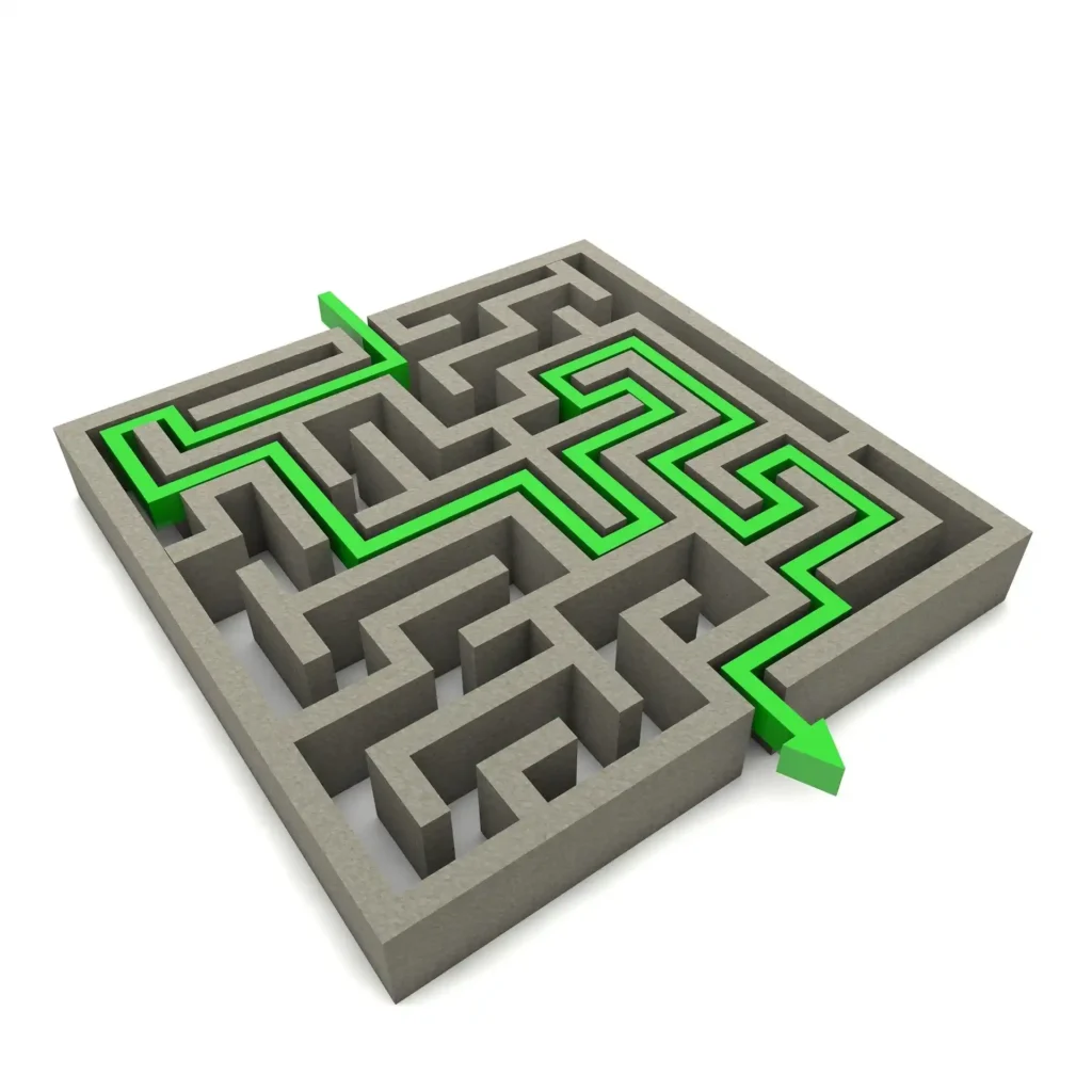 3D maze illustration with a green highlighted path showing the solution, representing strategies for successful long-term investing