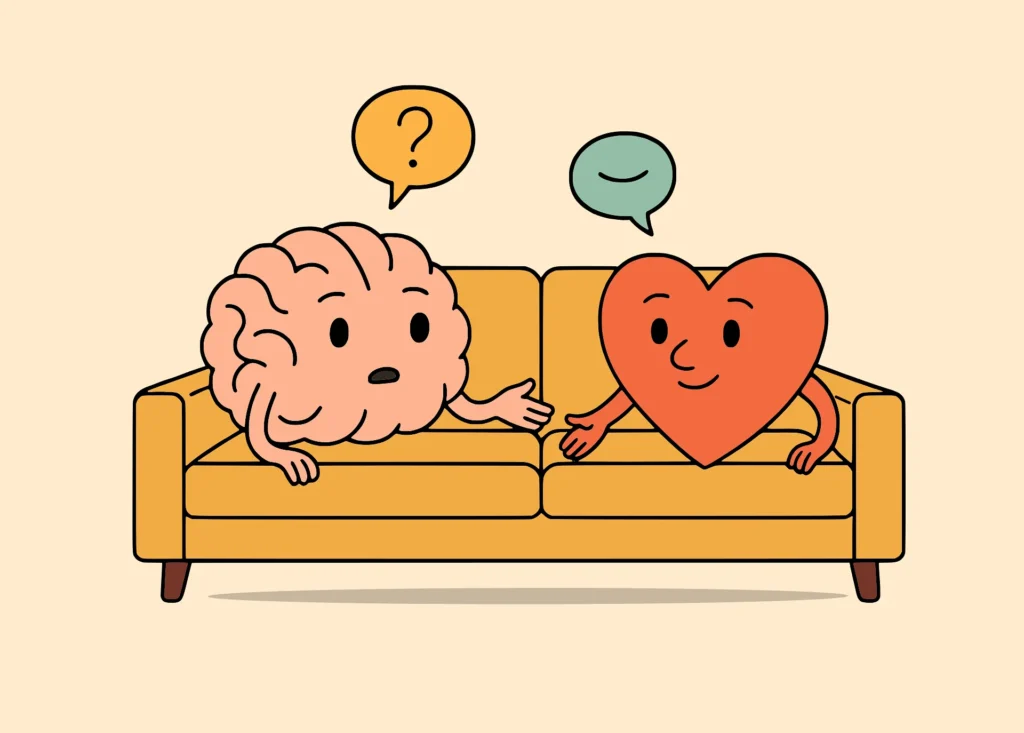 illustration of brain and heart discussing decisions representing understanding treasury bonds and investment thinking