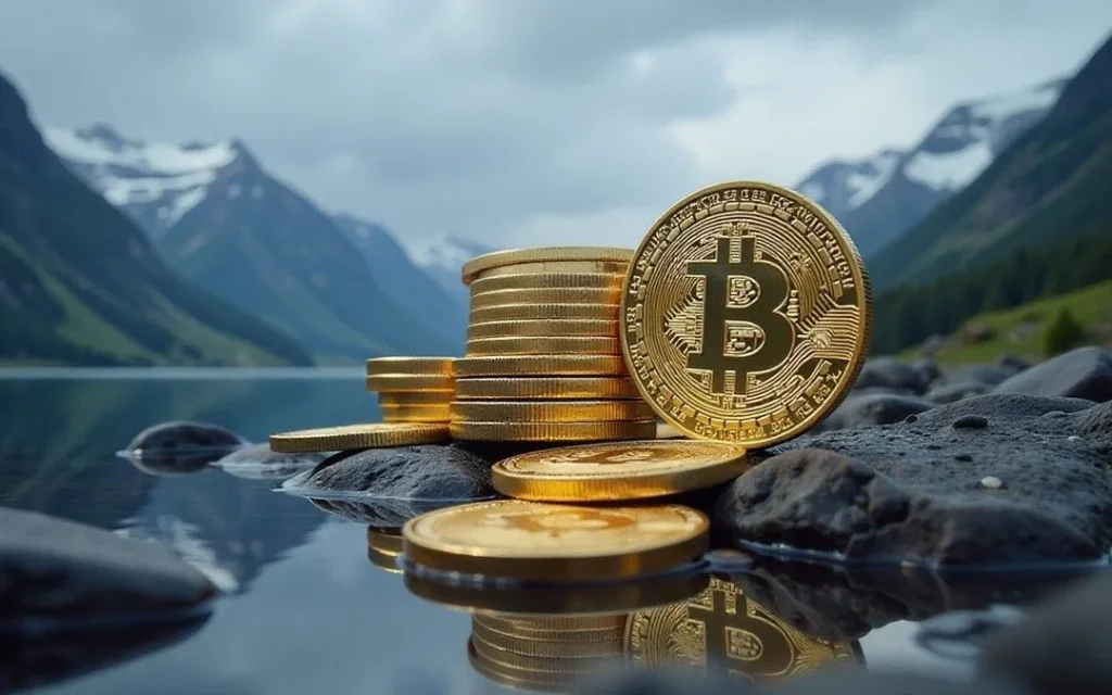 A stack of gold Bitcoin coins sits on wet rocks by a calm mountain lake, with snow-capped peaks and cloudy skies in the background; one coin stands upright showing the Bitcoin symbol, reflected in the water.