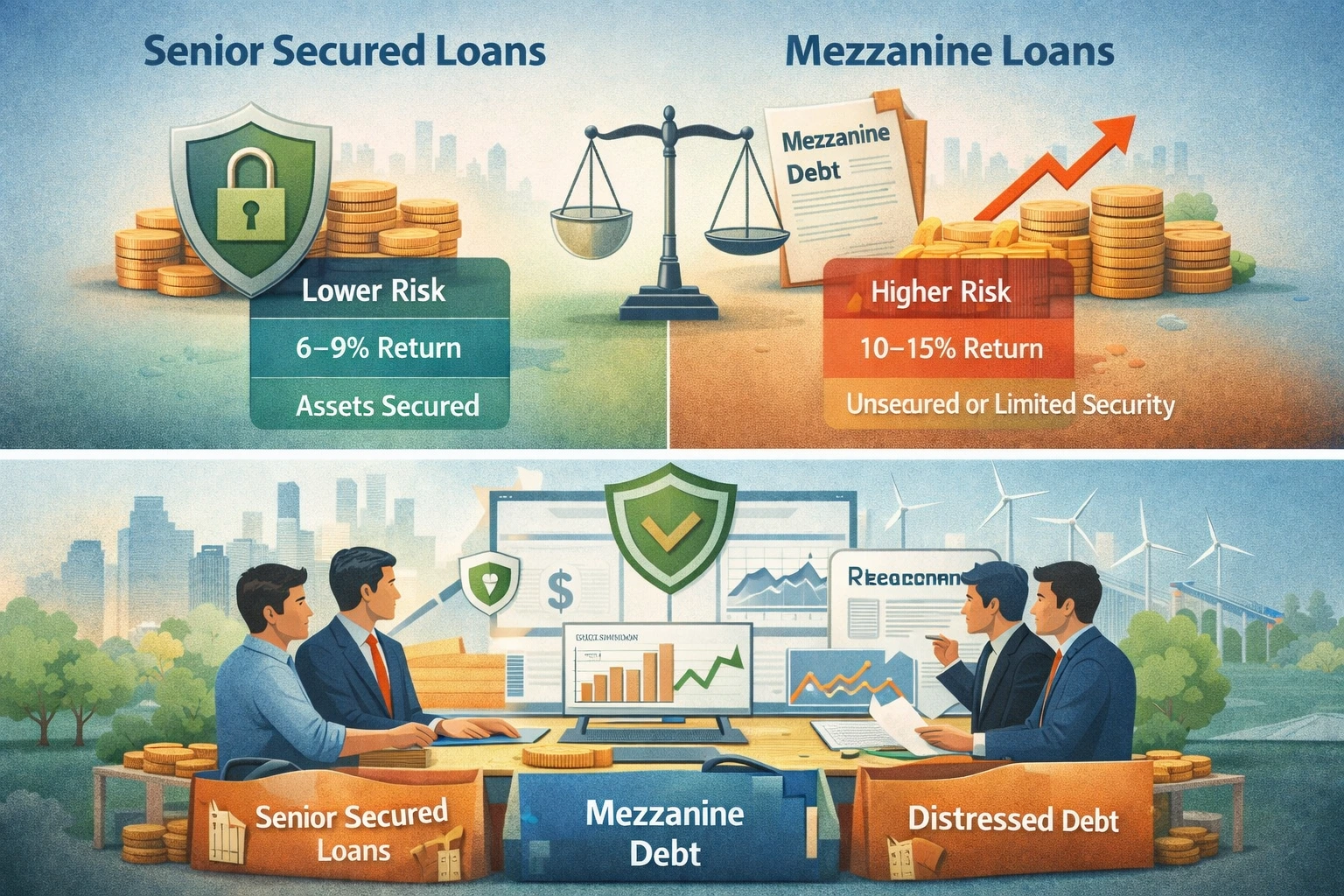 Infographic illustrating private credit investment strategies, including portfolio diversification across senior secured loans, mezzanine debt, and distressed debt, highlighting risk mitigation, high-yield returns, and investor monitoring.