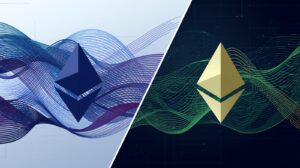 Abstract digital artwork comparing the Solana vs Ethereum blockchain logos.