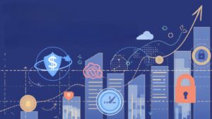 Illustration of a person climbing a staircase made of credit cards, symbolizing building credit quickly and improving financial health