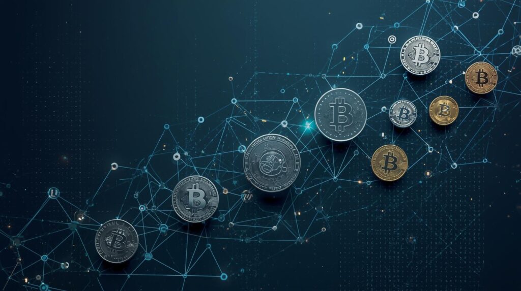 Illustration of a diversified institutional crypto portfolio showing multiple cryptocurrencies, charts, and risk management symbols.