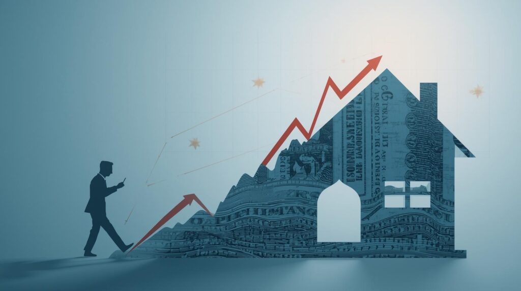 Graph showing rising mortgage rates due to inflation with a house and dollar symbols