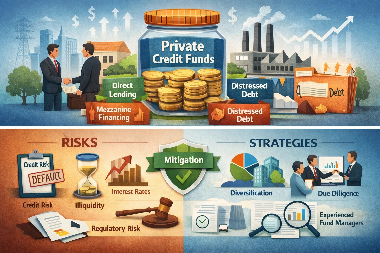 Visual illustration of private credit investments showing direct lending, mezzanine financing, distressed debt, risks like credit defaults and illiquidity, and strategies such as diversification and due diligence.
