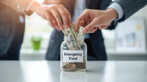 Illustration of a person saving money in a jar labeled emergency fund for financial security planning