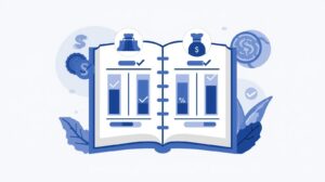 Illustration showing a business bank account with coins, bills, and fee symbols, representing costs associated with maintaining a business account.