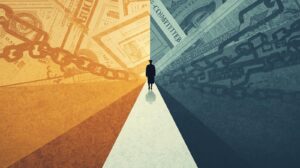 Visual representation of a graduate walking a path split between debt symbols and growth charts, illustrating the long-term student loan impact.