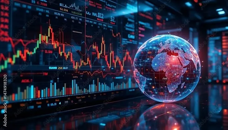 A digital Stock Trading Simulator interface featuring a glowing 3D holographic globe of Earth positioned next to a large display of red and green candlestick charts