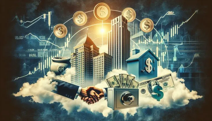 Alternative Investments conceptual illustration with real estate, gold, and financial charts.