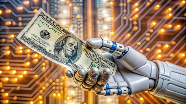 Robotic hand receiving US dollar cash from a human hand, symbolizing making money with artificial intelligence and digital technology.