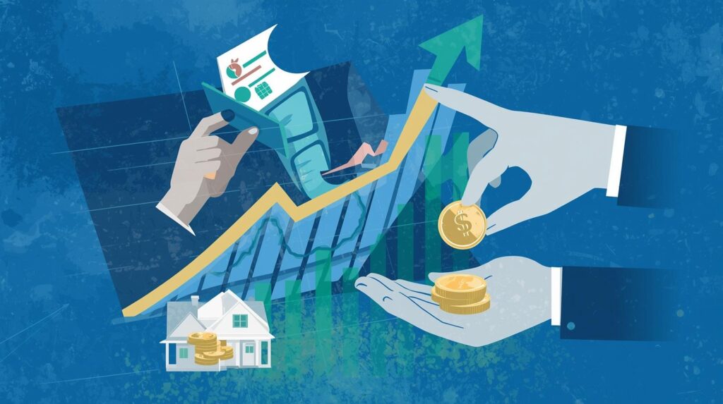 An abstract illustration showing hands managing coins and a rising financial growth arrow over a house, explaining how current interest rates affect you and your home investment