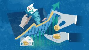 An abstract illustration showing hands managing coins and a rising financial growth arrow over a house, explaining how current interest rates affect you and your home investment