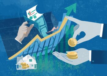 An abstract illustration showing hands managing coins and a rising financial growth arrow over a house, explaining how current interest rates affect you and your home investment