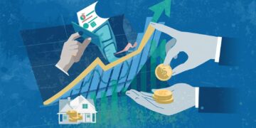 An abstract illustration showing hands managing coins and a rising financial growth arrow over a house, explaining how current interest rates affect you and your home investment