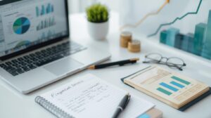 Budgeting tips concept with calculator, financial documents, and expense tracking tools on a desk