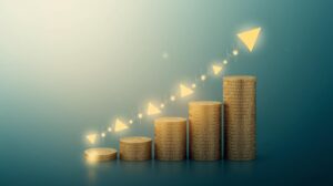 Investing 101: Financial growth and investment concepts with coins, charts, and a couple discussing their financial future outdoors.