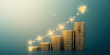 Investing 101: Financial growth and investment concepts with coins, charts, and a couple discussing their financial future outdoors.