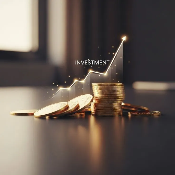Modern Wealth Navigation concept showing stacked coins with upward investment growth graph.