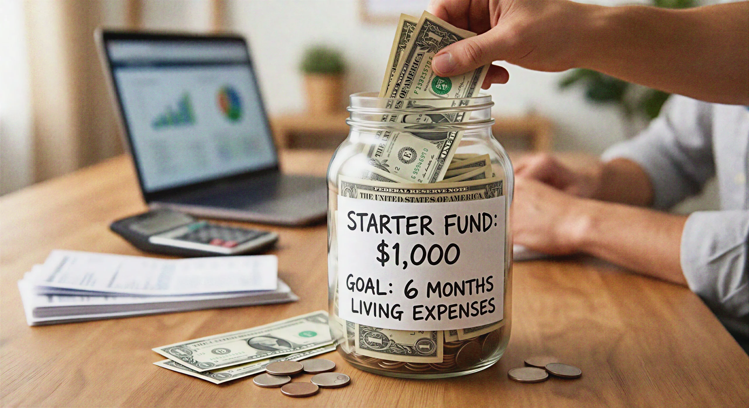 A person adding cash to a glass jar labeled "Starter Fund $1,000" and "Goal 6 Months Living Expenses," illustrating the first practical step in an emergency fund guide.