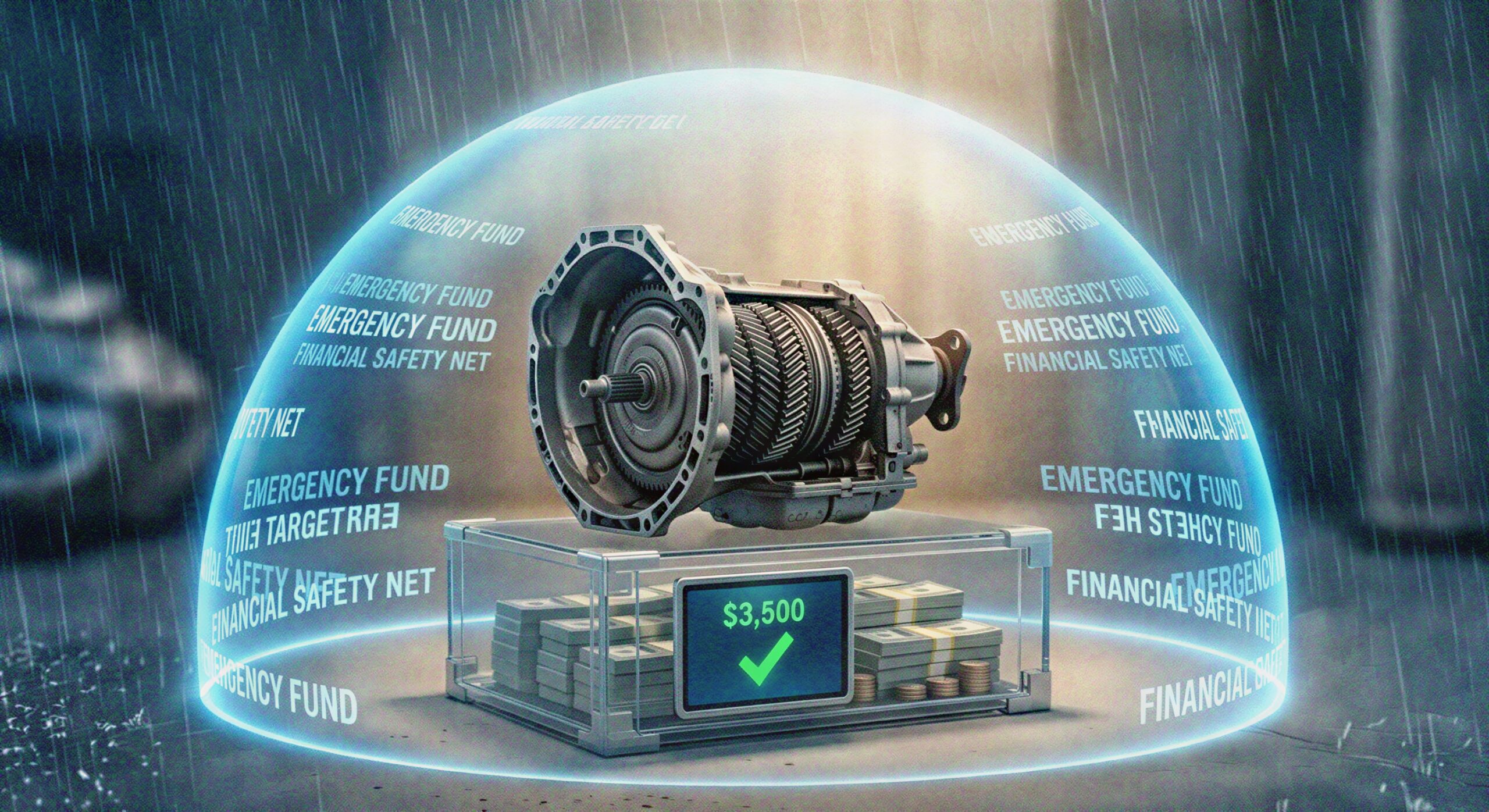 An illustrative 3D graphic for an emergency fund guide showing a $3,500 cash reserve protected by a glowing blue shield from rain, securing a car transmission part to represent financial protection against unexpected repairs.