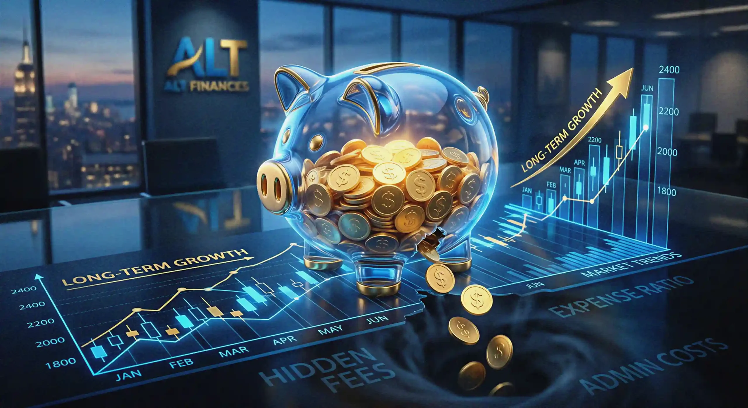 Hidden mutual fund fees concept with piggy bank, coins, and expense ratio chart showing long-term growth impact