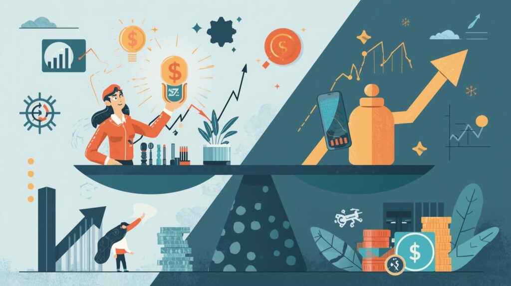 Hedge fund investments risk analysis vector illustration featuring a business professional assessing a color-coded Risk Management Matrix with IMPACT and LIKELIHOOD axes.