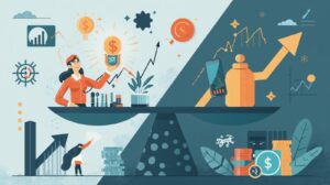 Hedge fund investments risk analysis vector illustration featuring a business professional assessing a color-coded Risk Management Matrix with IMPACT and LIKELIHOOD axes.