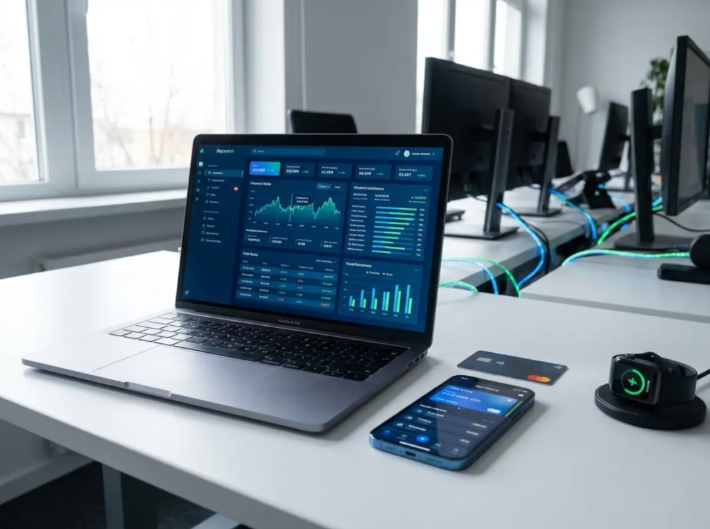 A laptop displaying advanced trading charts and data dashboards on a desk, representing modern financial technology software used for digital investing.