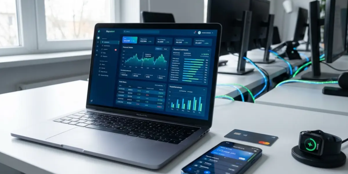 A laptop displaying advanced trading charts and data dashboards on a desk, representing modern financial technology software used for digital investing.