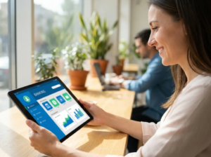 Digital banking customer experience with mobile app and online financial services interface