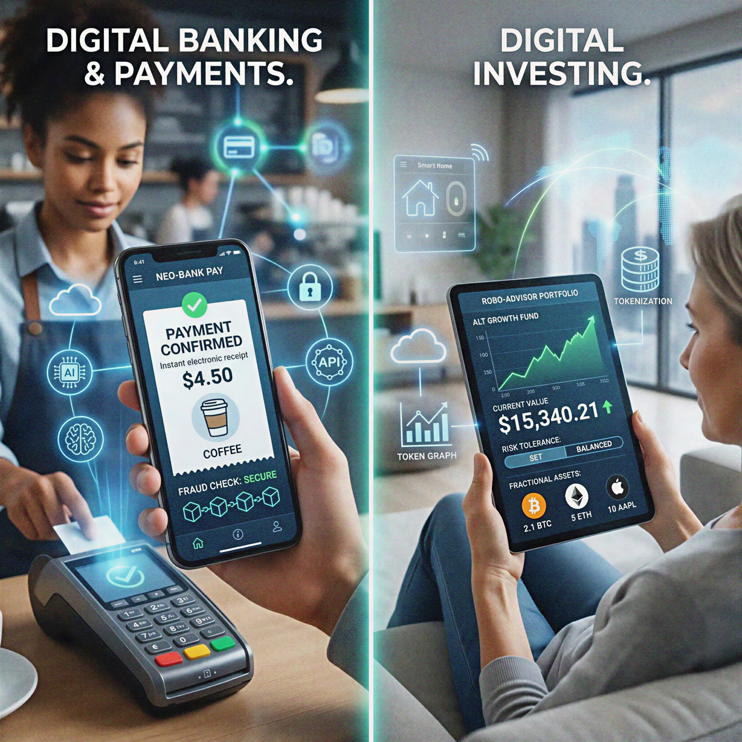 A split-screen graphic illustrating everyday financial technology. The left side shows digital banking and secure smartphone payments at a cafe, while the right displays a user interacting with a digital investing and robo-advisor portfolio on a tablet.