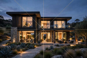 Illustration of fractional property ownership: co-owners sharing a modern holiday home