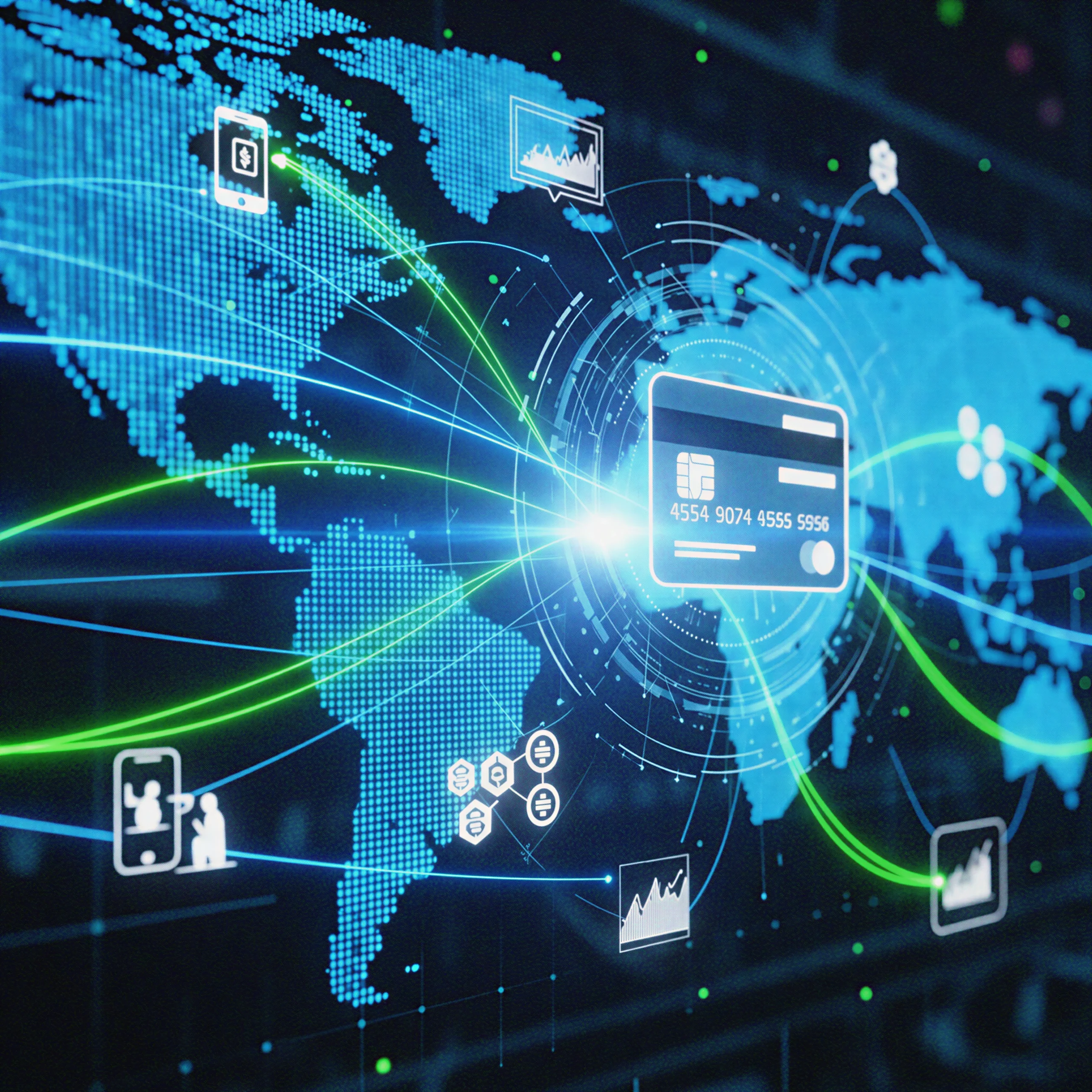 A futuristic digital world map illustrating financial technology networks, featuring a glowing credit card, mobile payment icons, and interconnected data lines.
