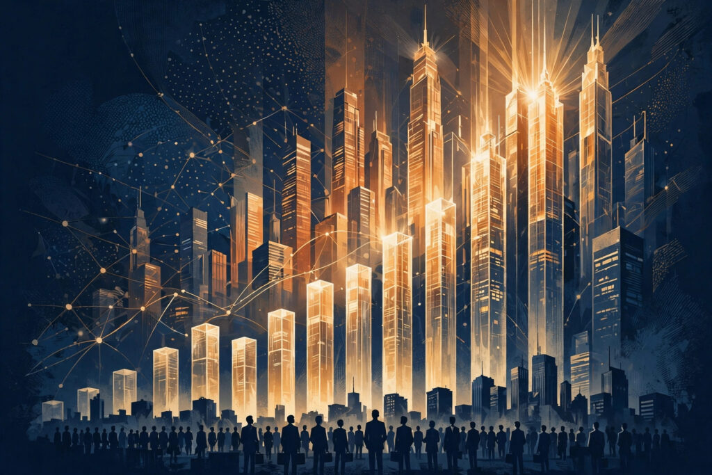 Illustration of rising towers of light representing the private credit market's growth to about $2 trillion in assets.