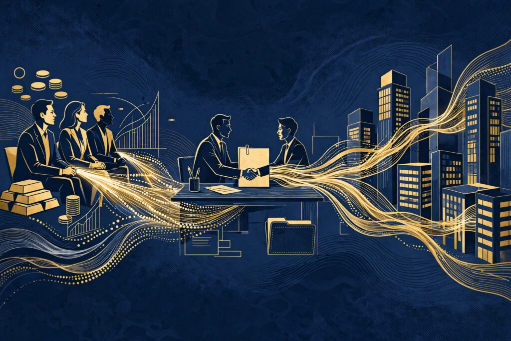 Editorial illustration showing how to invest in private credit through direct lending funds, with capital flowing from investors to corporate borrowers.