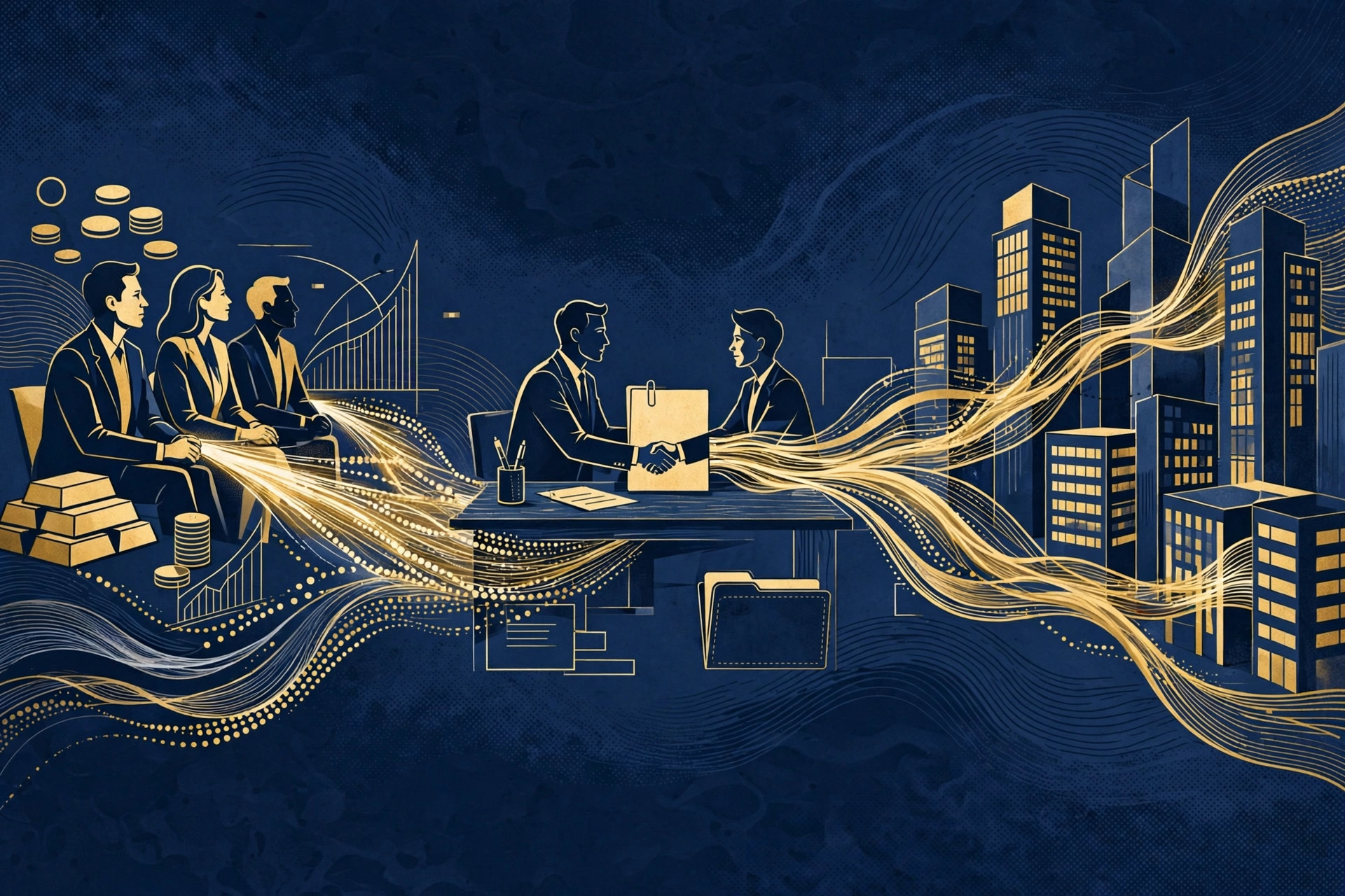 Editorial illustration showing how to invest in private credit through direct lending funds, with capital flowing from investors to corporate borrowers.