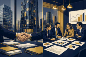 Editorial illustration contrasting private credit vs private equity as corporate lending and company ownership strategies.