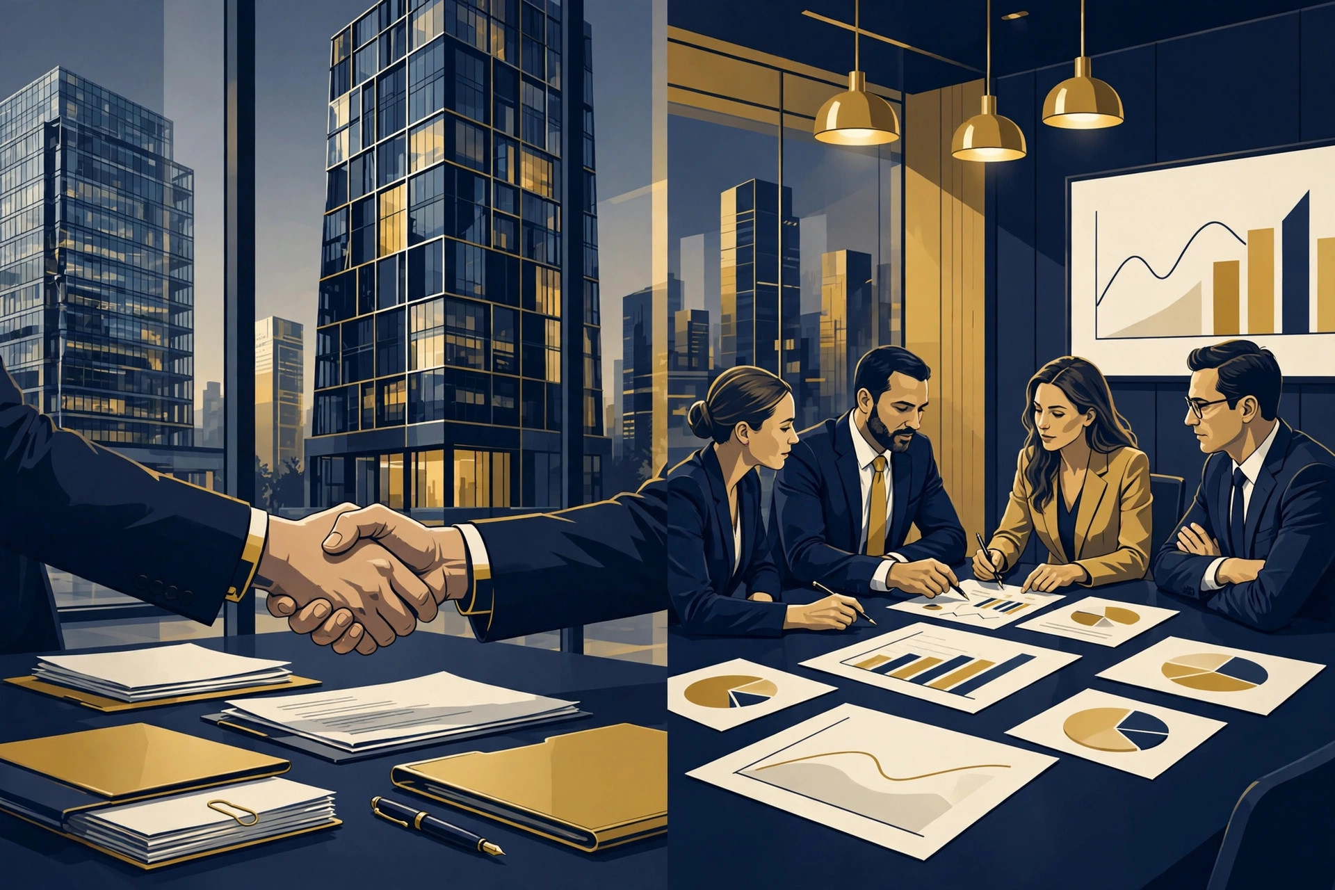 Editorial illustration contrasting private credit vs private equity as corporate lending and company ownership strategies.