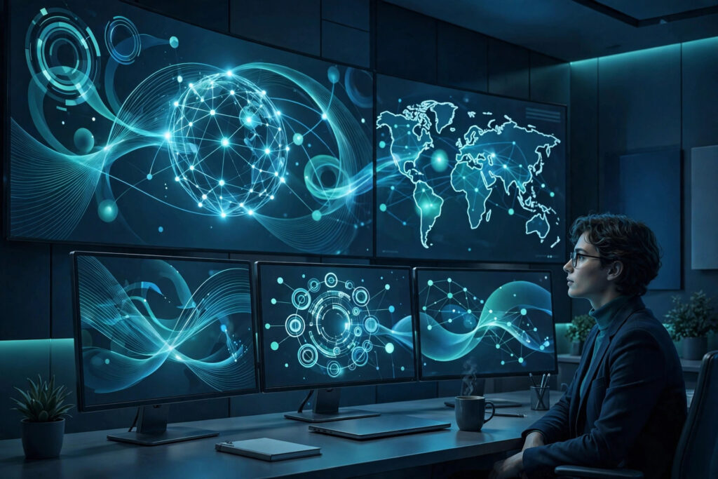 Treasury analyst monitoring live cash positions on treasury technology dashboards with global payment flows.