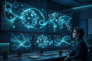 Treasury analyst monitoring live cash positions on treasury technology dashboards with global payment flows.