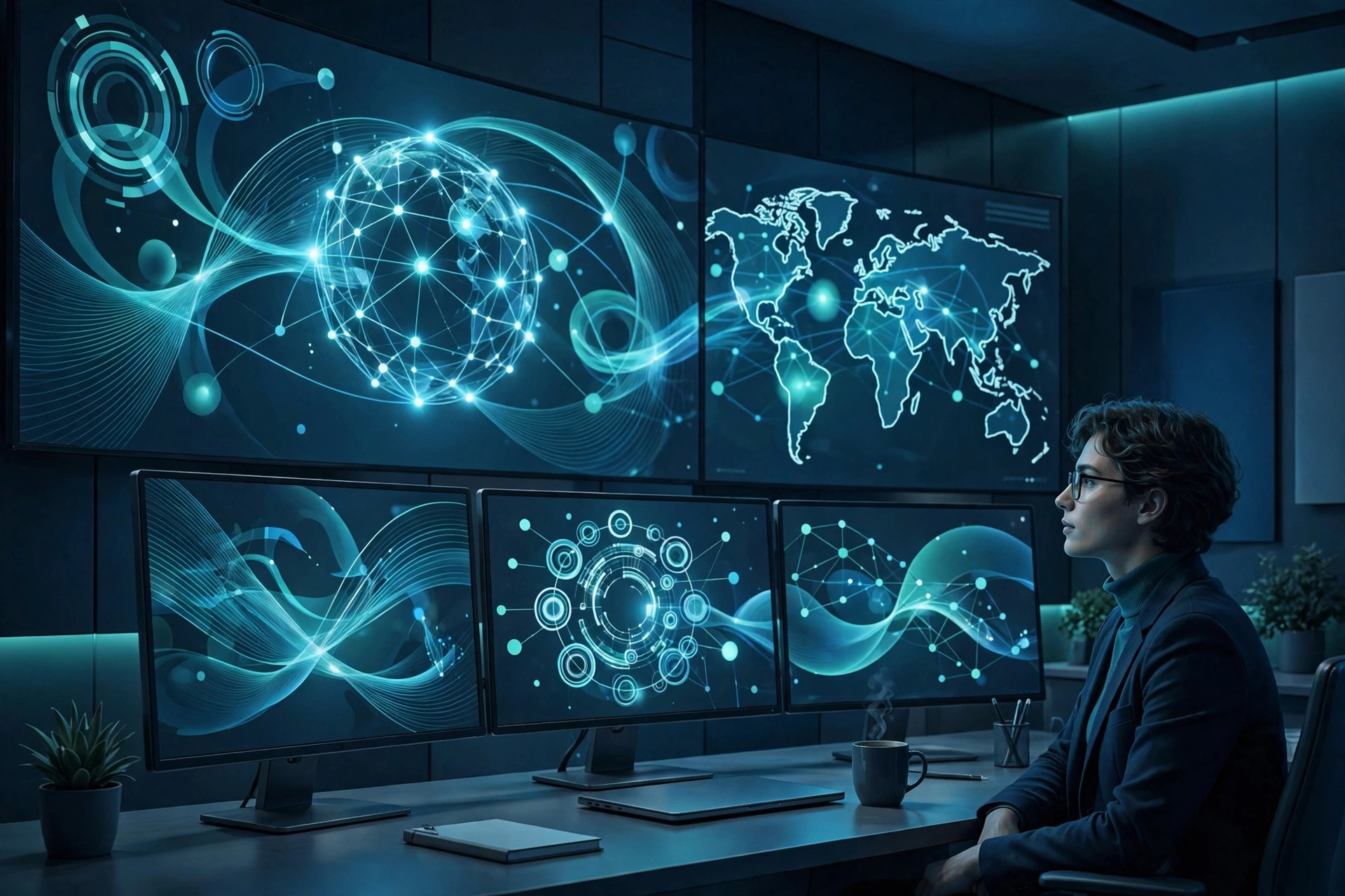 Treasury analyst monitoring live cash positions on treasury technology dashboards with global payment flows.